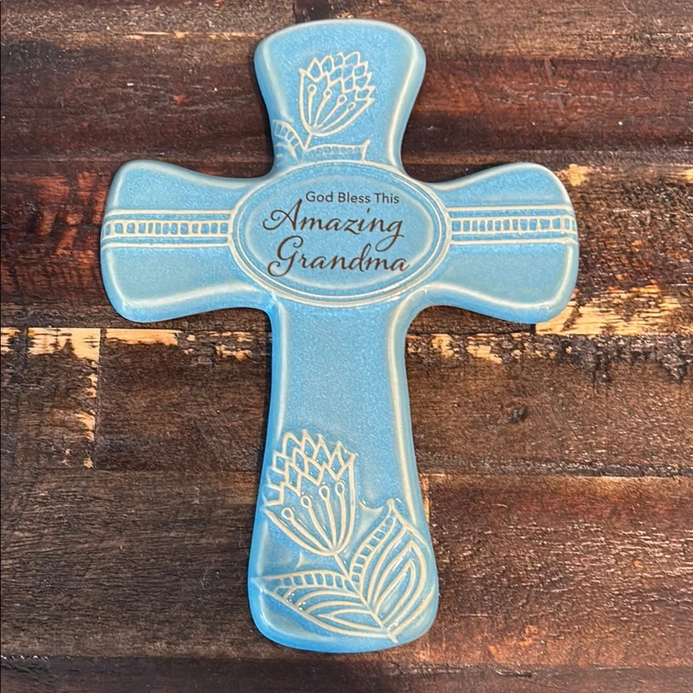 Blue Ceramic Cross Wall Decor NIB Amazing Grandma